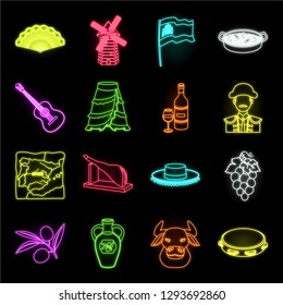 Spain country neon icons in set collection for design.Travel and attractions vector symbol stock web illustration.