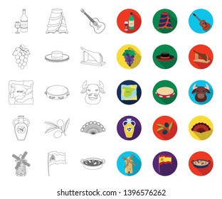 Spain country outline,flat icons in set collection  design.Travel and attractions vector symbol stock web illustration.