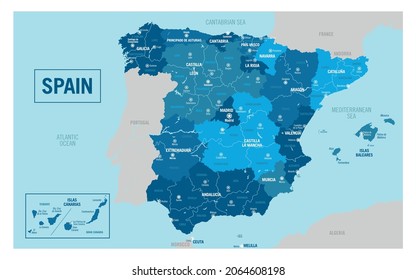 Mapa administrativo de España. Ilustración vectorial detallada con estados, regiones, islas, ciudades y todas las provincias aisladas, fácil de desagrupar. 