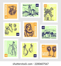 Spain country postage stamp set with sketch element. Postal design collection with hand drawn windmill, town, rustic and corida. Graphic post print with man woman character, drink and meat