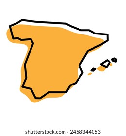 Spain country simplified map. Orange silhouette with thick black sharp contour outline isolated on white background. Simple vector icon