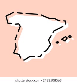 Spain country simplified map. White silhouette with black broken contour on pink background. Simple vector icon