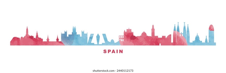 Spain country watercolor skyline with cities panorama. Vector flat banner, logo. Madrid, Barcelona, Valencia, Alicante silhouette for footer, steamer, header. Isolated graphic