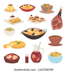 Spain cuisine vector food cookery traditional dish recipe spanish snack tapas crusty bread food gastronomy illustration.