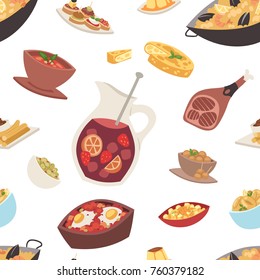 Spain cuisine vector food cookery traditional dish recipe. Spanish snack tapas crusty bread food gastronomy. illustration seamless pattern background