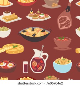 Spain cuisine vector food cookery traditional dish recipe spanish snack tapas crusty bread food gastronomy illustration seamless pattern background