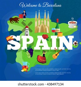 Spain cultural symbols composition poster for travelers with national flag and paella and corrida flat vector illustration 