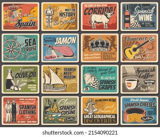 Spain culture, cuisine and history retro banners set. Jamon leg, wine bottle and olive oil, Spain coat of arms, royal crown and knight, guitar, cheese head and grapes, corrida bull, coffee cup vector