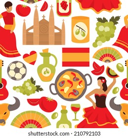 Spain culture flamenco dance bullfight vine tapas symbols seamless decorative souvenir wrap paper pattern abstract vector illustration