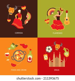 Spain culture symbols corrida bullfight and paella food vine sangria travel icons composition set flat vector illustration