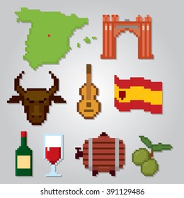Spain culture symbols icons set. Pixel art. Old school computer graphic style.