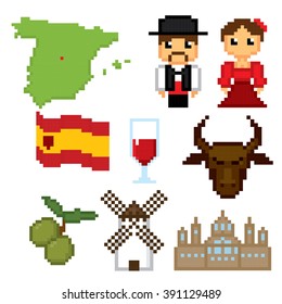 Spain culture symbols icons set. Pixel art. Old school computer graphic style.