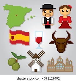 Spain culture symbols icons set. Pixel art. Old school computer graphic style.