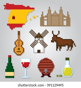 Spain culture symbols icons set. Pixel art. Old school computer graphic style.
