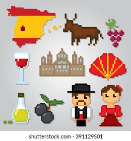 Spain culture symbols icons set.  Spain travel set. Pixel art icons. Spain pixel art. Spain tourism set. Pixel art. Old school computer graphic style.