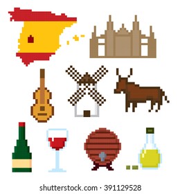 Spain culture symbols icons set. Pixel art. Old school computer graphic style.