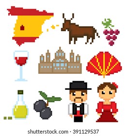 Spain culture symbols icons set. Pixel art. Old school computer graphic style.