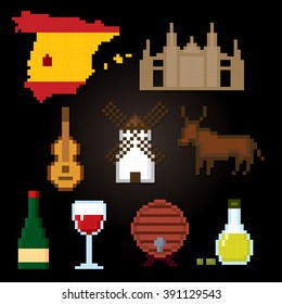Spain culture symbols icons set. Pixel art. Old school computer graphic style.