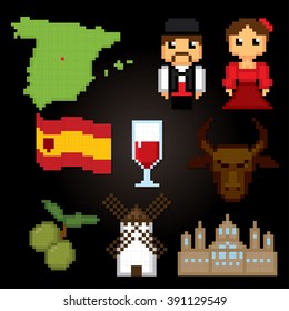 Spain culture symbols icons set. Pixel art. Old school computer graphic style.