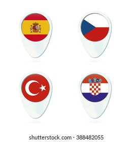 Spain, Czech Republic, Turkey, Croatia flag. Map pointer icon. Vector Illustration.