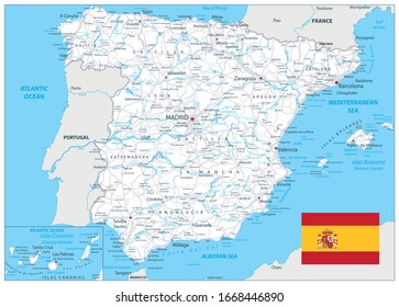 Spain Detail Map White Color. All elements are separated in editable layers clearly labeled. Vector illustration.