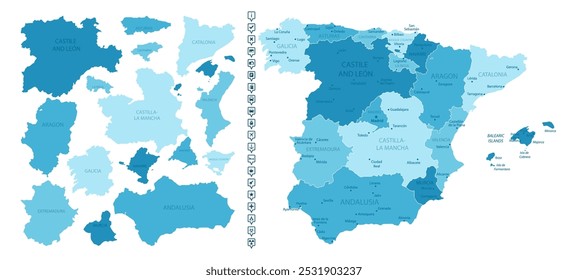 Spain - detailed map of the country in blue colors, divided into regions. Infographic icons. Vector illustration.