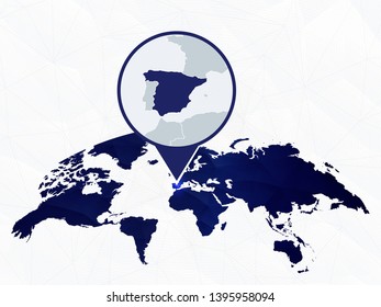 Spain detailed map highlighted on blue rounded World Map. Map of Spain in circle.