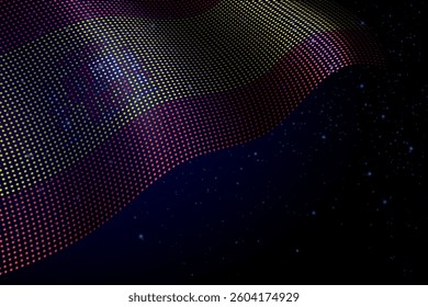 Spain digital flag made of dots, waving over a starry dark background