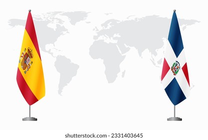 Spain and Dominican flags for official meeting against background of world map.