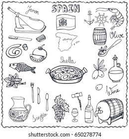 Spain Doodle food icons.Vector Jamon,paella,shrimps,wine,olives.Vintage hand drawn travel sketch.Vector vacation icon,Spanish lettering.