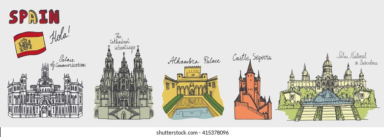 Spain Doodle landmarks.Vector famous architectural symbol,cityscape,hand drawn travel sketch.Vacation icon,sign,Spanish historical monument,lettering.Spain,Europe Vintage Illustration,background.Retro