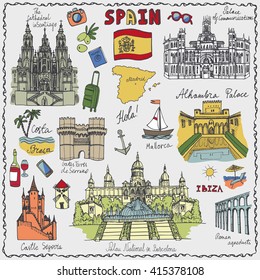 Spain Doodle landmarks.Vector famous architectural symbols,hand drawn travel sketch.Vector vacation icon,sign,Spanish historical monument,lettering.Spain,Europe Vintage Illustration,background.Retro