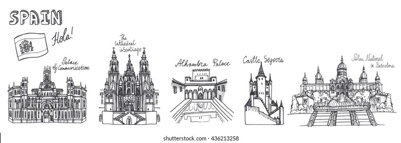 Spain Doodle landmarks.Vector famous architectural symbol,cityscape,hand drawn travel sketch.Vacation icon,sign,Spanish historical monument,lettering.Spain,Europe Vintage Illustration,background.Retro