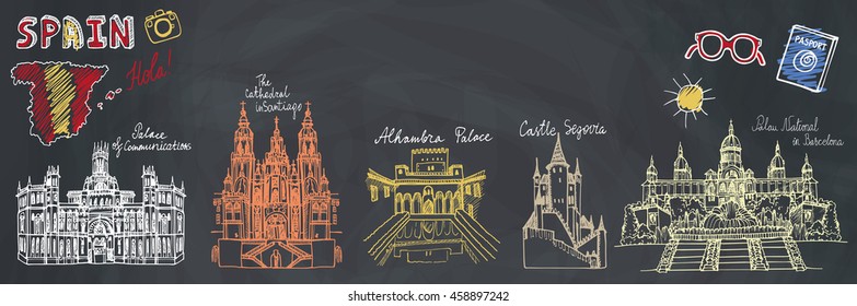 Spain Doodle landmarks.Vector famous architectural symbols,cityscape,hand drawn travel sketch.Vacation icon,sign,Spanish historical monument,lettering.Europe Vintage Illustration,blackboard background