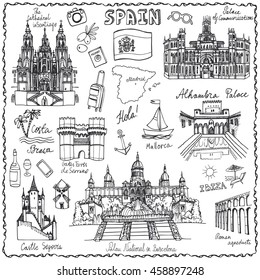 Spain Doodle landmarks.Vector famous architectural symbols,hand drawn travel sketch.Vector vacation icon,sign,Spanish historical monument,lettering.Spain,Europe Vintage Illustration,background.Retro