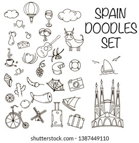 Spain doodle, vector illustration collage - set of clouds, guitar, cow, wine, cheese, jamon