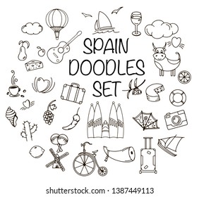 Spain doodle, vector illustration collage - set of clouds, guitar, cow, wine, cheese, jamon