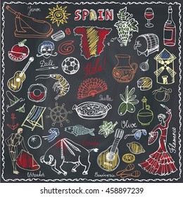 Spain doodles elements,icon.Vector Hand drawn doodle set,spanish food paella,olives,grape,wine,guitars,flamenco,dresses,bull,flag and map, lettering.Travel sketch,Spanish doodle set,symbols.Blackboard