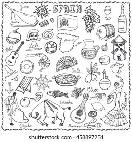 Spain Doodles Elements,icon.Vector Hand Drawn Doodle Set,spanish Food Paella,olives,grape,wine,guitars,flamenco,dresses,bull,flag And Map, Lettering.Travel Sketch,Spanish Doodle Set,symbols.Outline