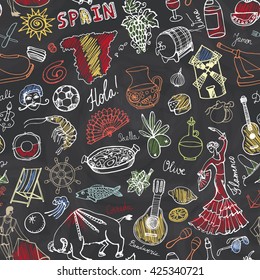 Spain doodles seamless pattern,elements,icon.Vector Hand drawn doodles.Spanish food paella,olives,grape,wine,guitars,flamenco,dresses,bull,map,lettering.Travel sketch,Spanish doodle,symbols.Blackboard