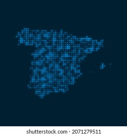 Spain dotted glowing map. Shape of the country with blue bright bulbs. Vector illustration.