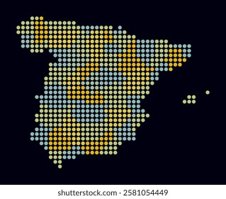 Spain dotted map. Digital style map of the country on dark background. Spain shape with circle dots. Colored dots style. Large size circles. Stylish vector illustration.
