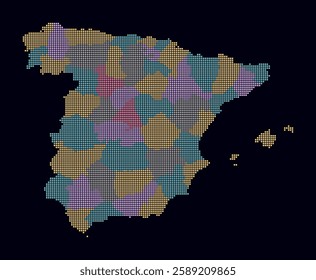 Spain dotted map. Digital style map of the country on dark background. Spain shape with square dots. Colored dots style. Small size squares. Amazing vector illustration.