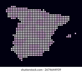 Spain dotted map. Digital style map of the country on dark background. Spain shape with square dots. Colored dots style. Large size squares. Simple vector illustration.