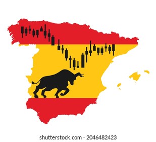 Spain economics vector illustration with flag of the Spain and business chart, bar chart stock numbers bull market, uptrend line graph symbolizes the growth up