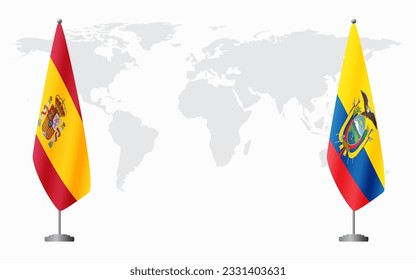 Spain and Ecuador flags for official meeting against background of world map.