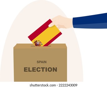 Spain election and vote concept, political selection, man hand and ballot box, democracy and human rights idea, election day, vector asset with Spain flag