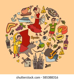 Spain elements vector. Cartoon abstract banner, circle composition. Mosaic flat style. Landmark: flamenco, guitar, sangria, paella, bullfight and jamon
