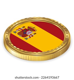Spain (ES) National Flag Round Icon 2.5D Isometric Projection View Gold Coin Isolated on White Background