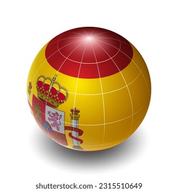 Spain (ES) (Spanish) National Flag 2.5D Isometric View, Metallic Sphere Ball Globe Design, Flag Symbol Isolated on White Background